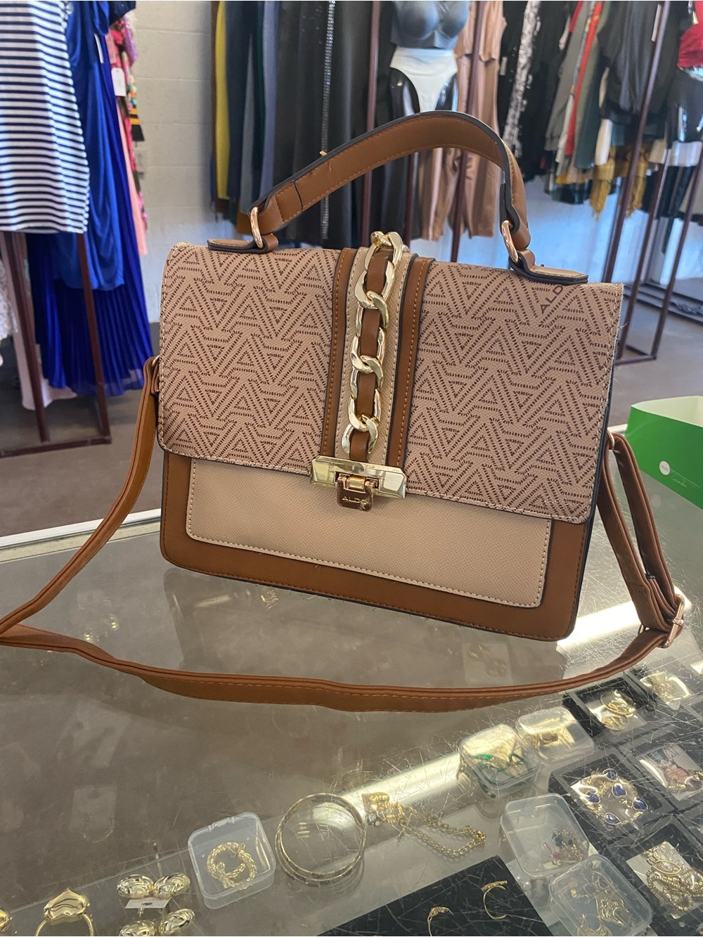 Aldo Pink and Tan Chain-Accent Satchel